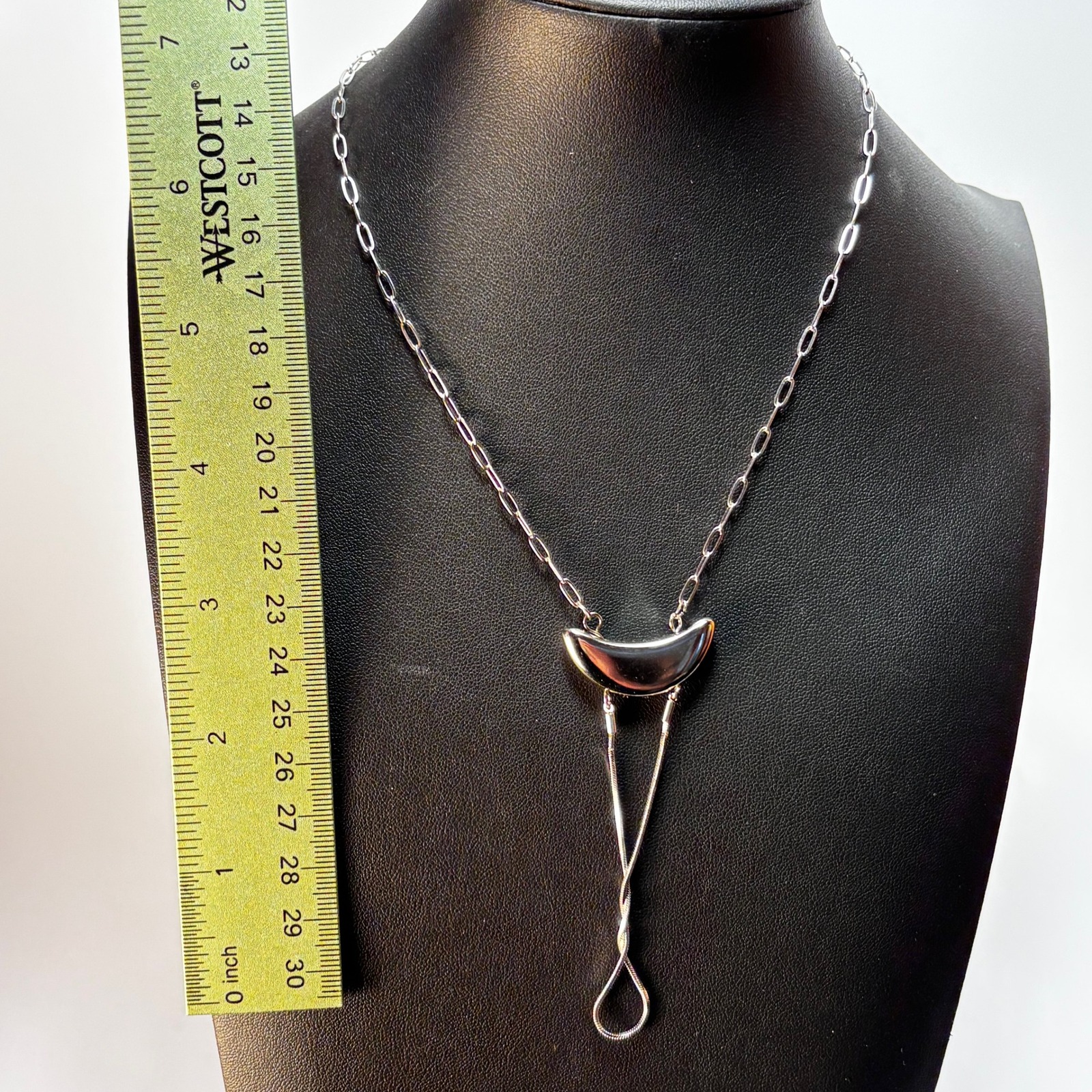 Silver Tone Crescent Moon Pendant Necklace Silver Modernist Drop Heart Charm